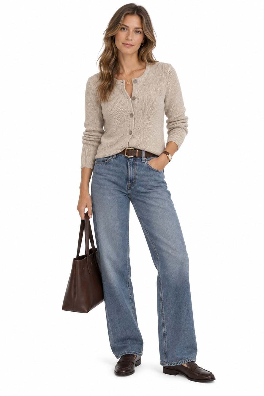 L.L.Bean Women's Tan 100% Cotton Knit Crewneck Cardigan Sweater (Size S)